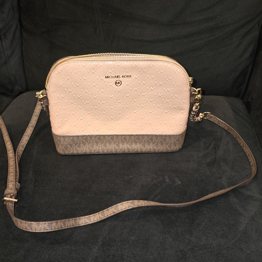 Michael Kors Pink and Brown Crossbody Bag Pebbled Leather